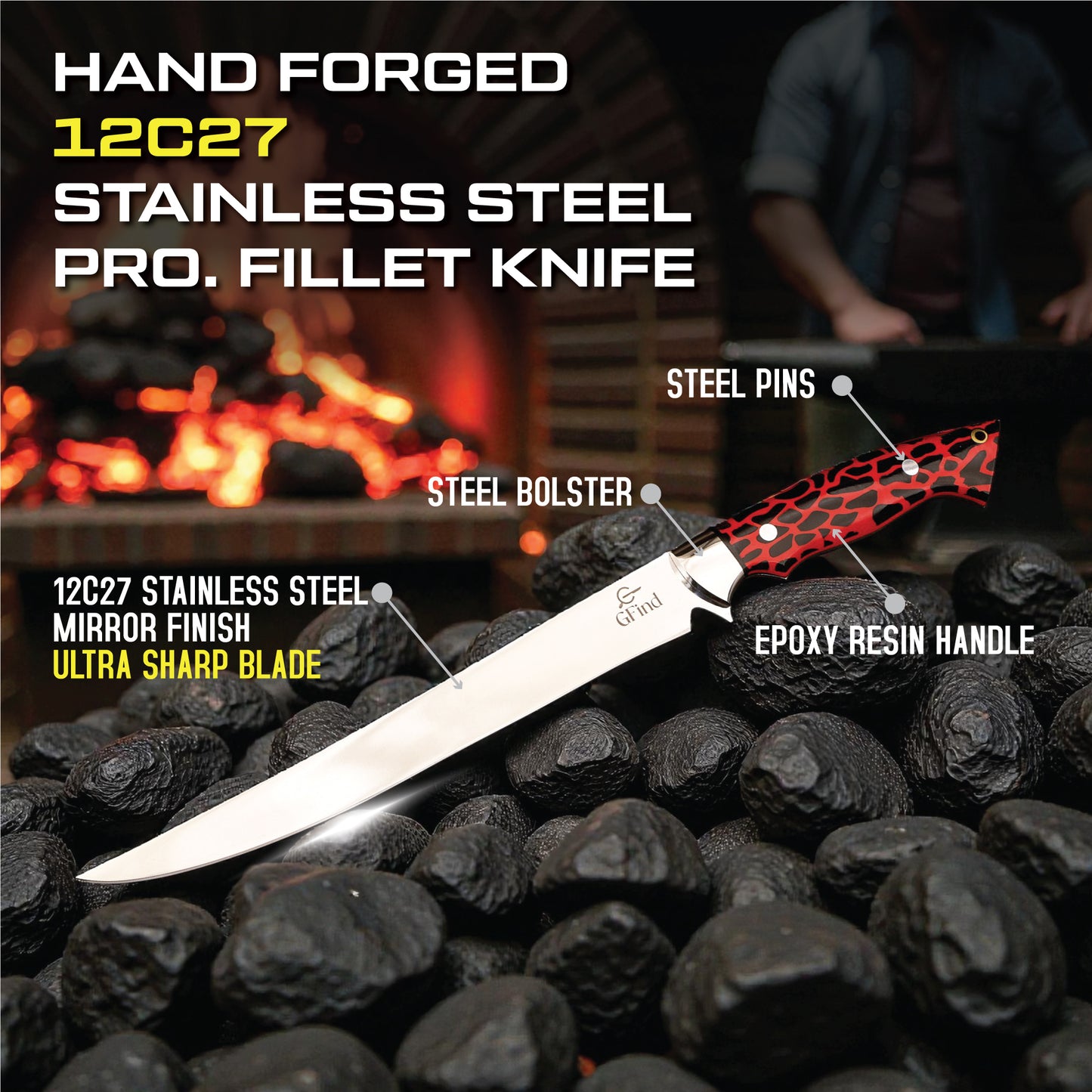 GFind's Professional Fillet Knife | Hand Forged 12C27 Stainless Steel Blade Knife, Resin Handle