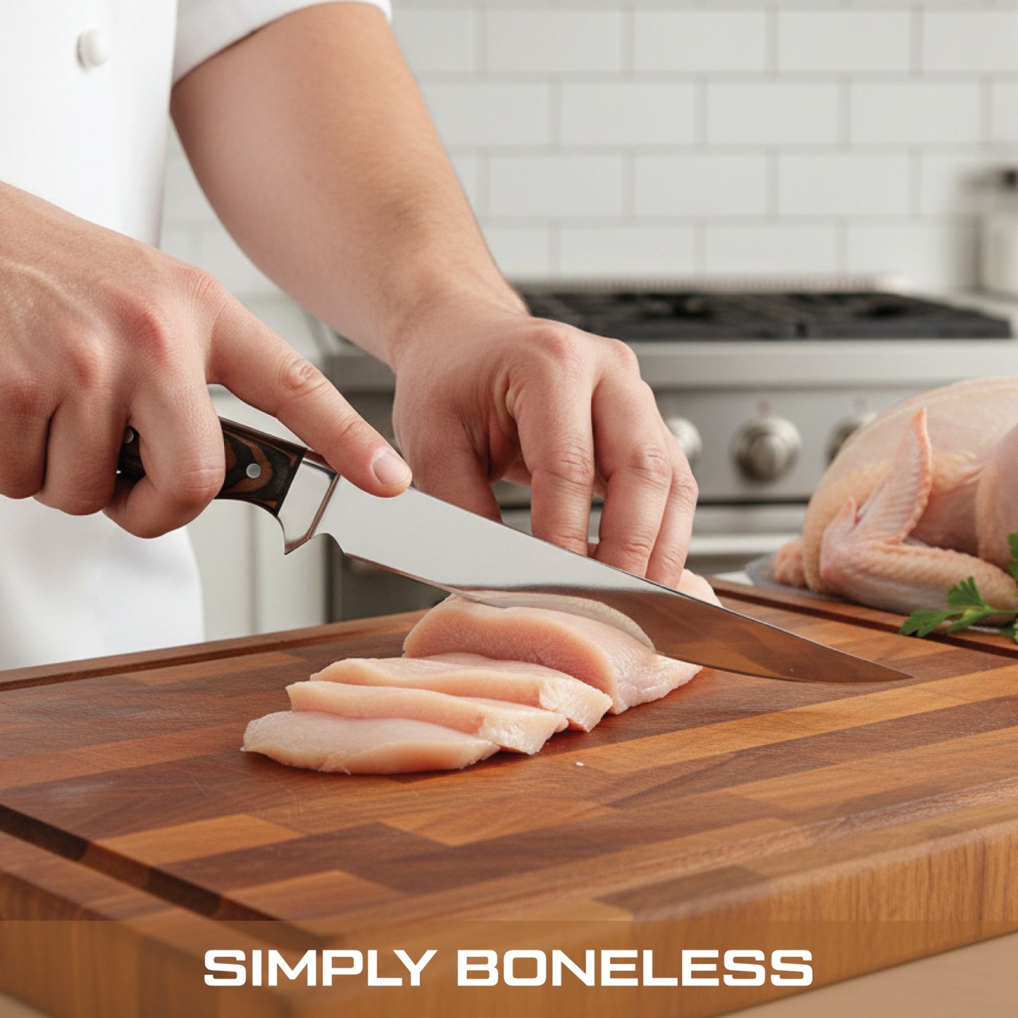 Person cutting chicken breast on a wooden cutting board with 'Simply Boneless' branding.