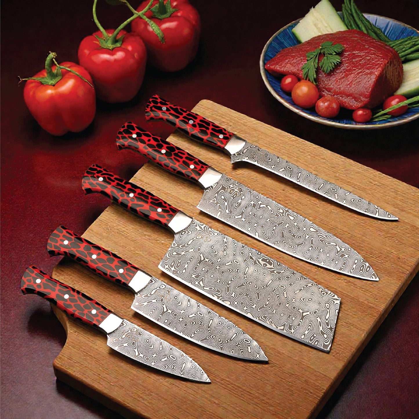 GFind Pro. Kitchen Chef Set | 12C27 Stainless Steel Blade with Etching Style, Hand-Forged with Red Resin Handles