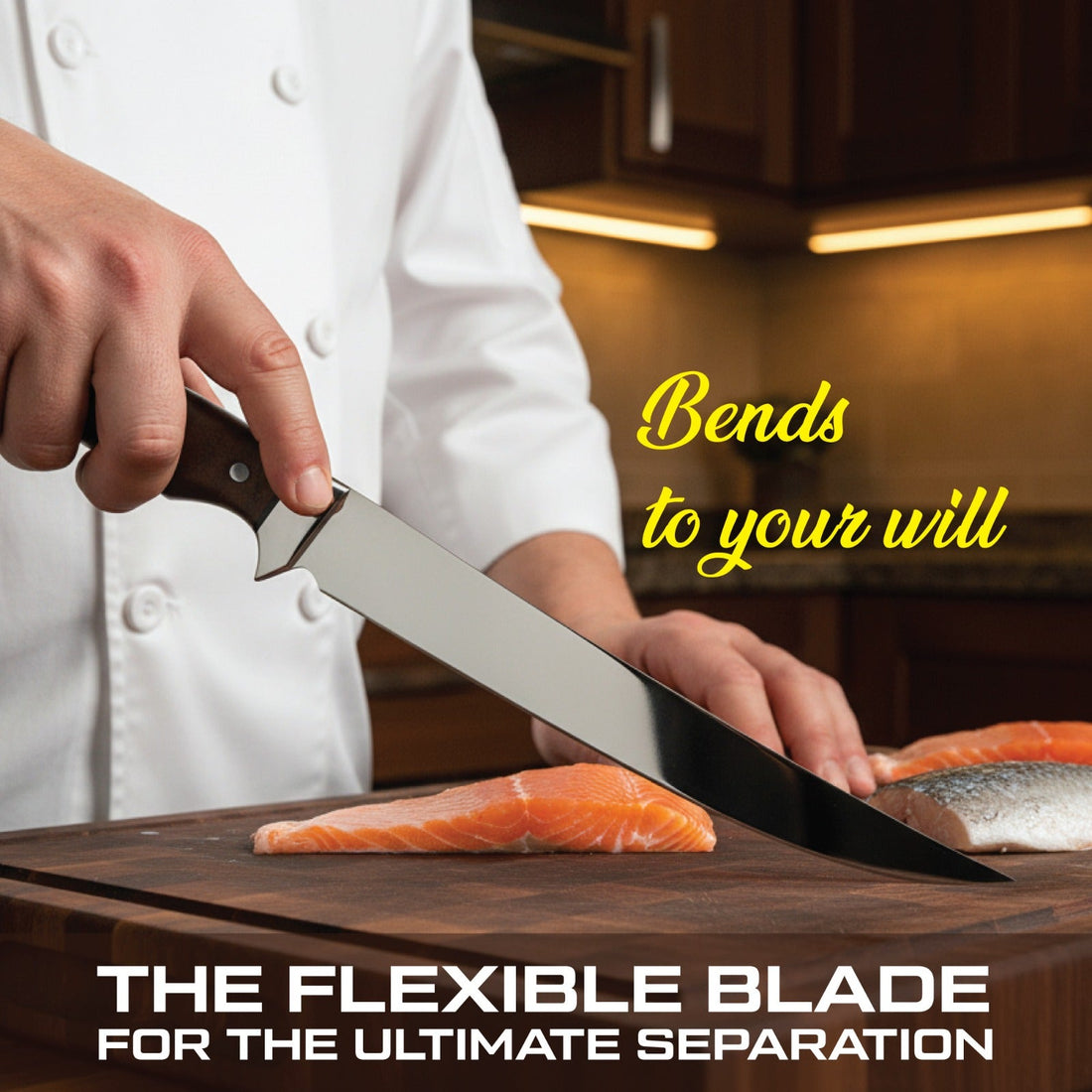 GFind hand-forged fillet knife cutting fish fillet on board