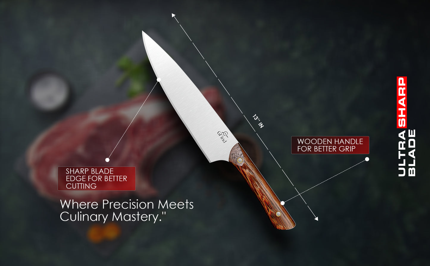 GFind Professional 8" Stainless Steel Chef Knife, Wenge Wood Handle