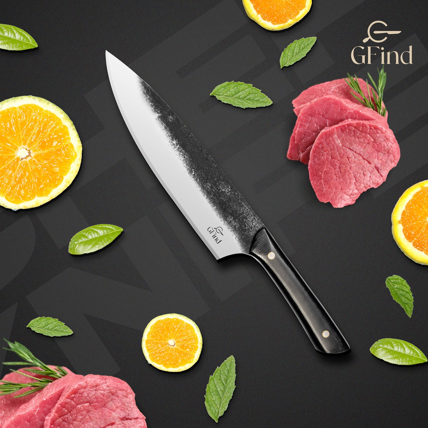 GFind Abrasive Finish Chef Knife , 8" Stainless Steel Blade, G10 Micarta Handle