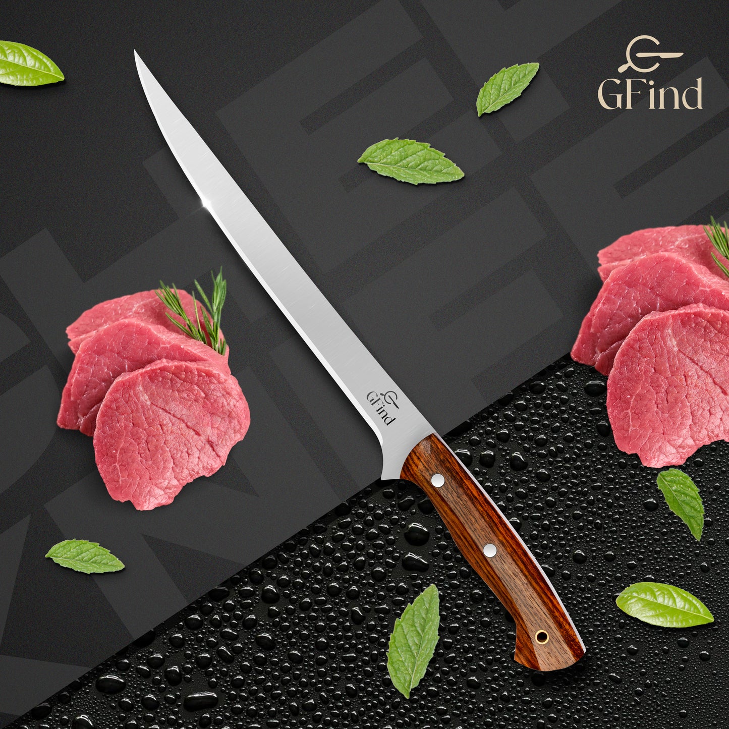 GFind Fillet & Boning 8" Stainless Steel Blade Knife, Rose Wood Handle