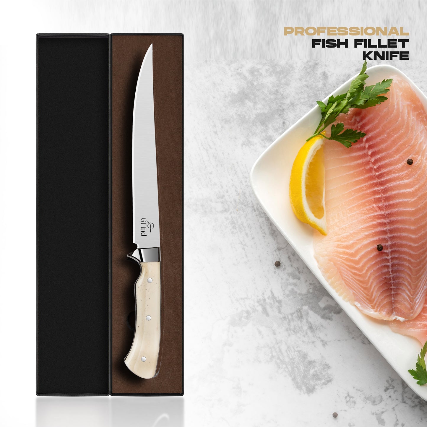 GFind's Fillet & Boning 8" Stainless Steel Knife, Camel Bone Handle