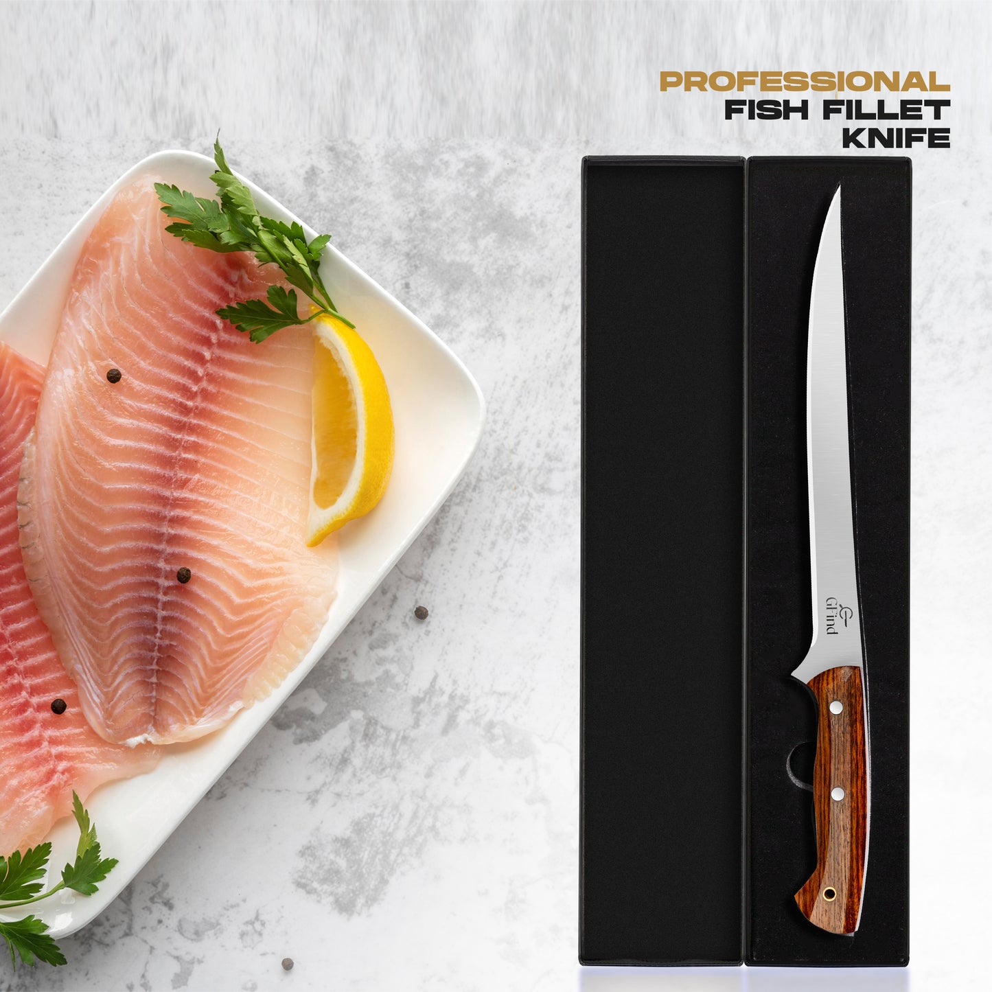 GFind Fillet & Boning 8" Stainless Steel Blade Knife, Rose Wood Handle