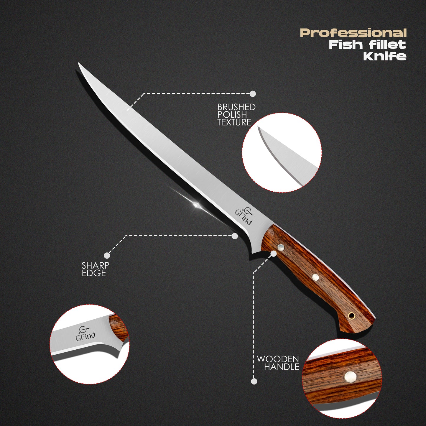 GFind Fillet & Boning 8" Stainless Steel Blade Knife, Rose Wood Handle