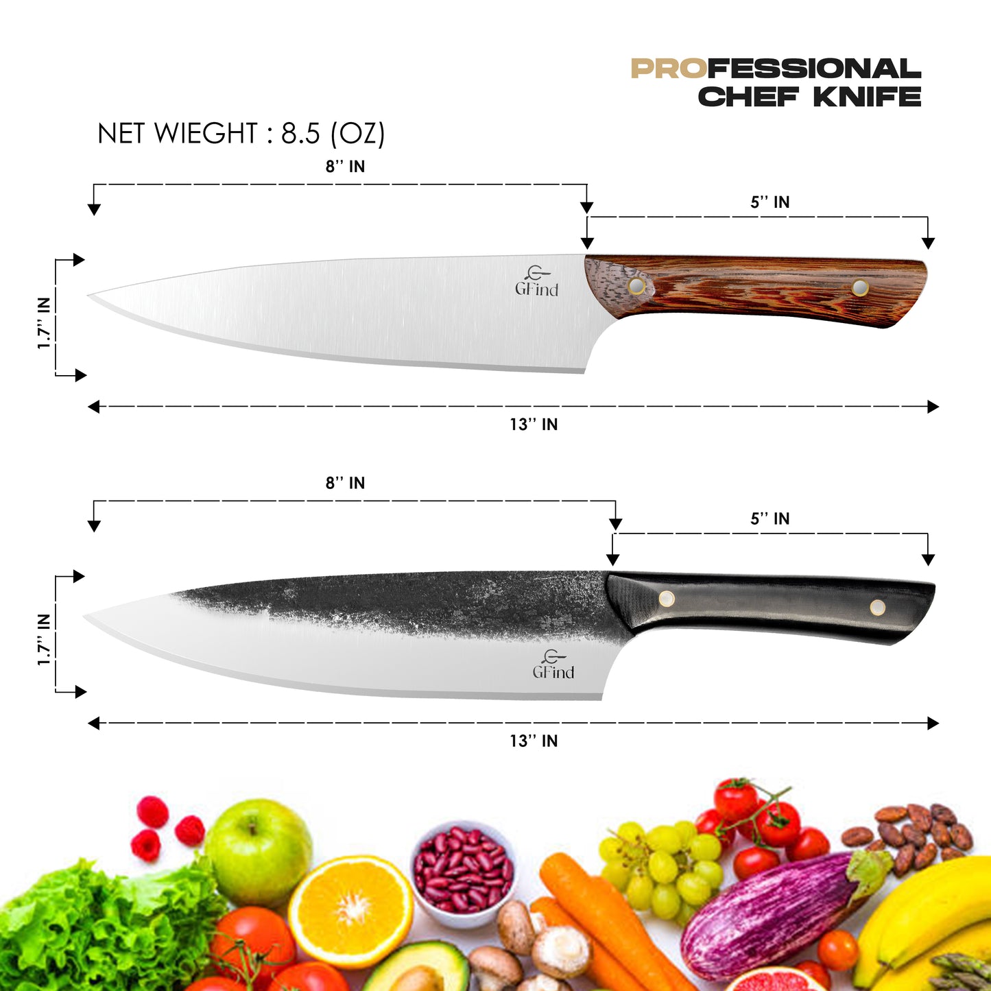 GFind Abrasive Finish Chef Knife , 8" Stainless Steel Blade, G10 Micarta Handle