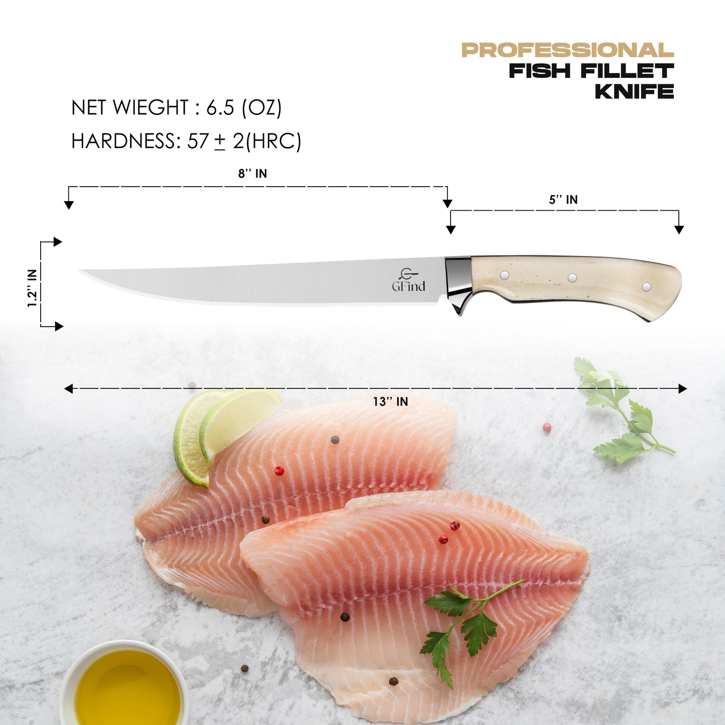 GFind's Fillet & Boning 8" Stainless Steel Knife, Camel Bone Handle