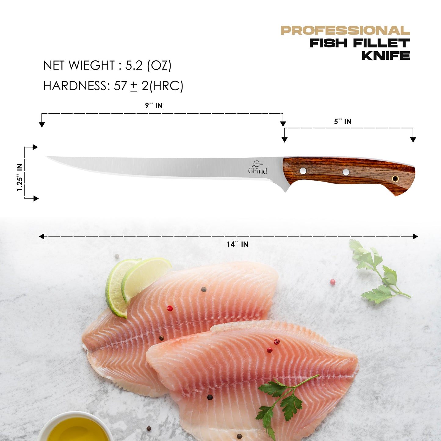 GFind Fillet & Boning 8" Stainless Steel Blade Knife, Rose Wood Handle