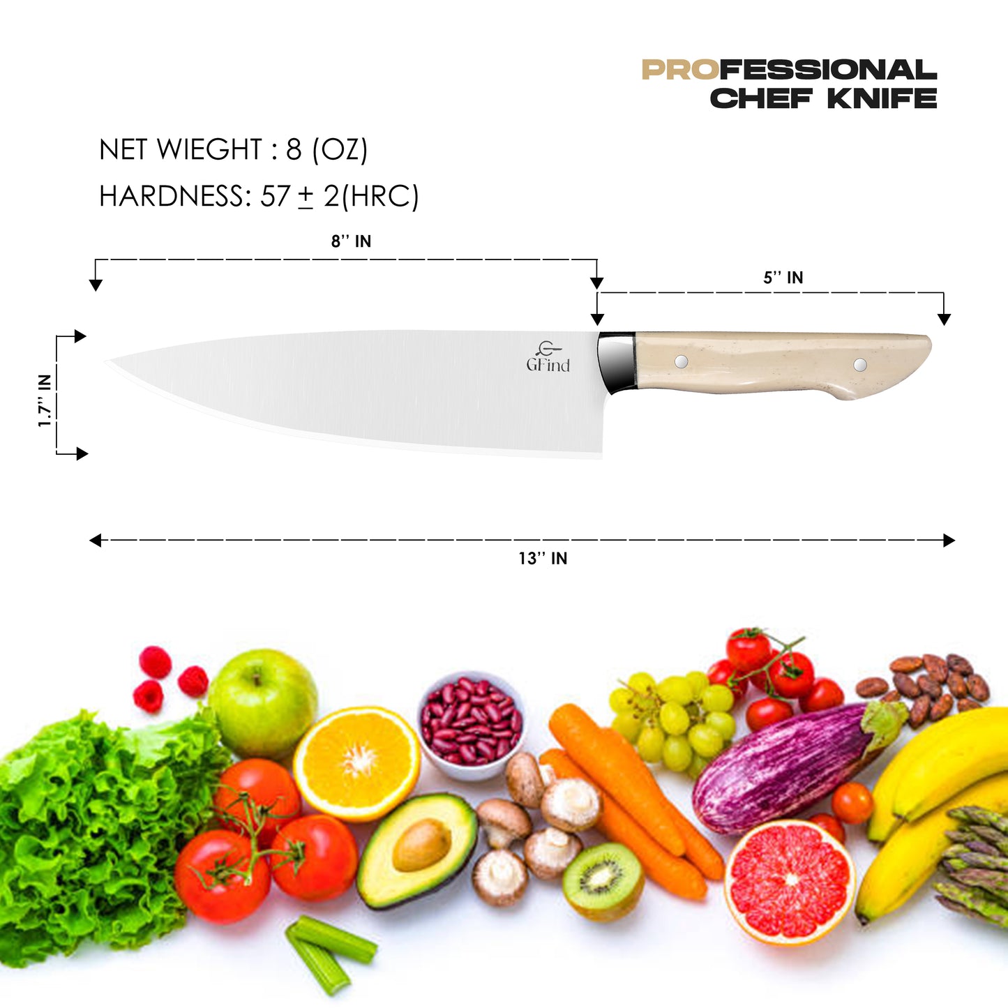 GFind Professional 8" Stainless Steel Chef's Knife, Camel Bone Handle