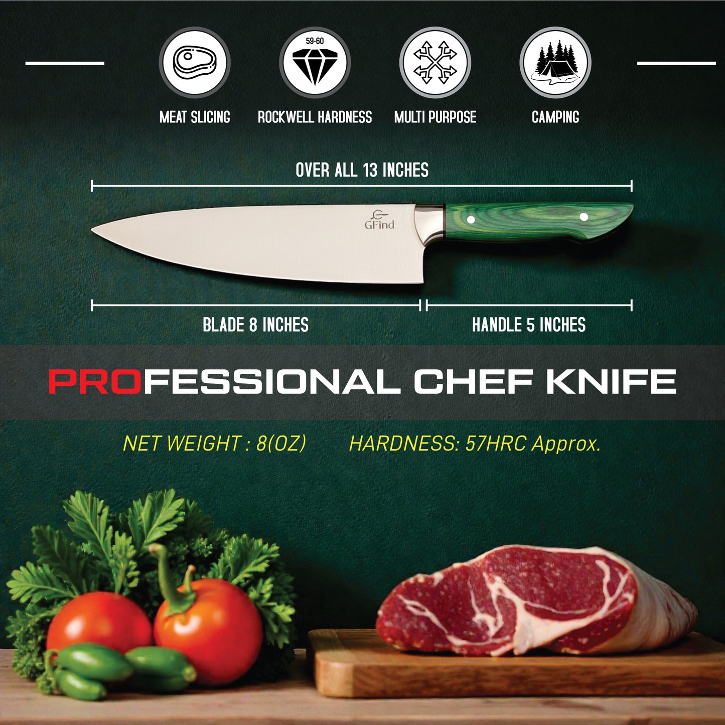 GFind Professional Handmade 12C27 Stainless Steel Blade Chef Knife | Pakkawood Handle