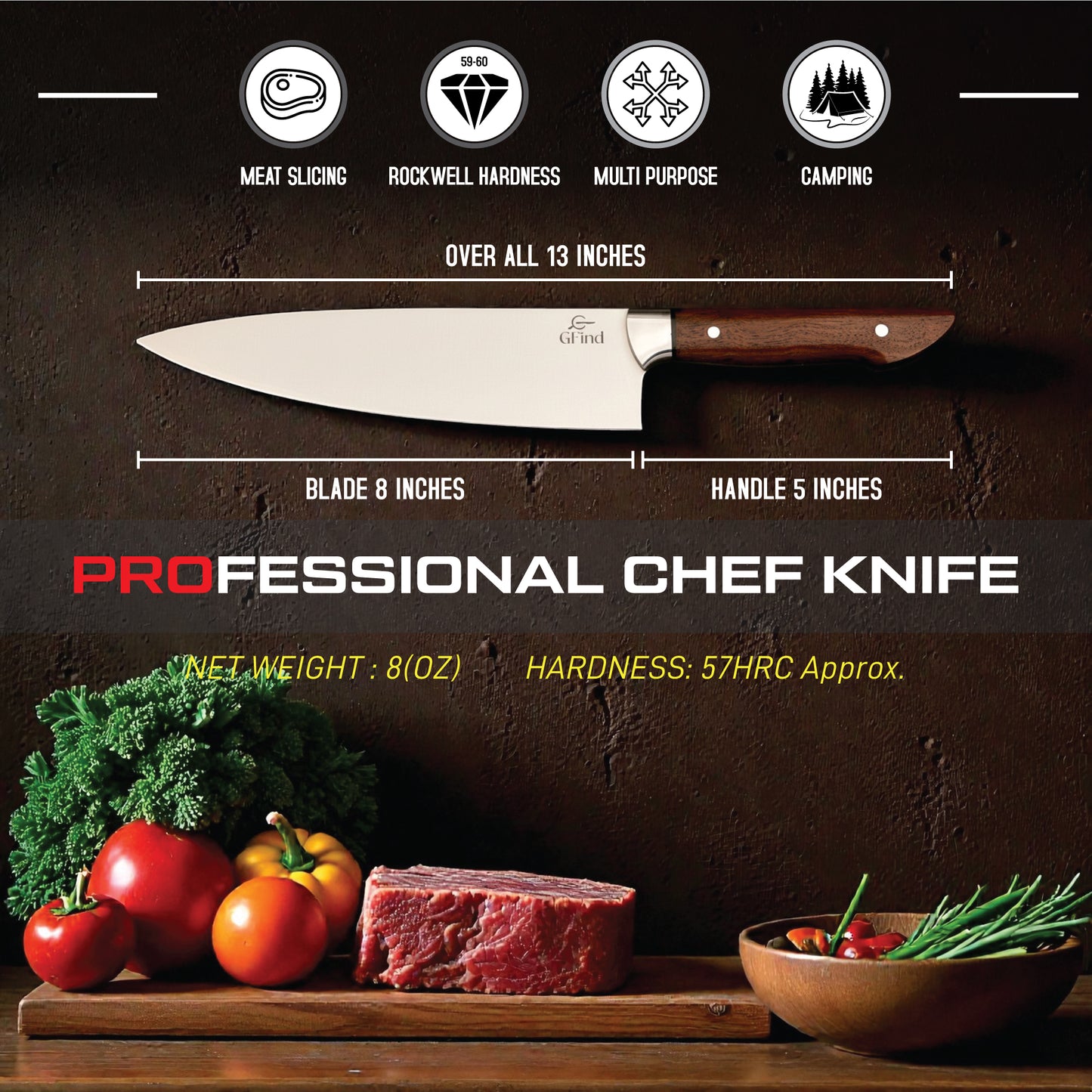 GFind Professional Handmade 12C27 Stainless Steel Blade Chef Knife | Rosewood Handle