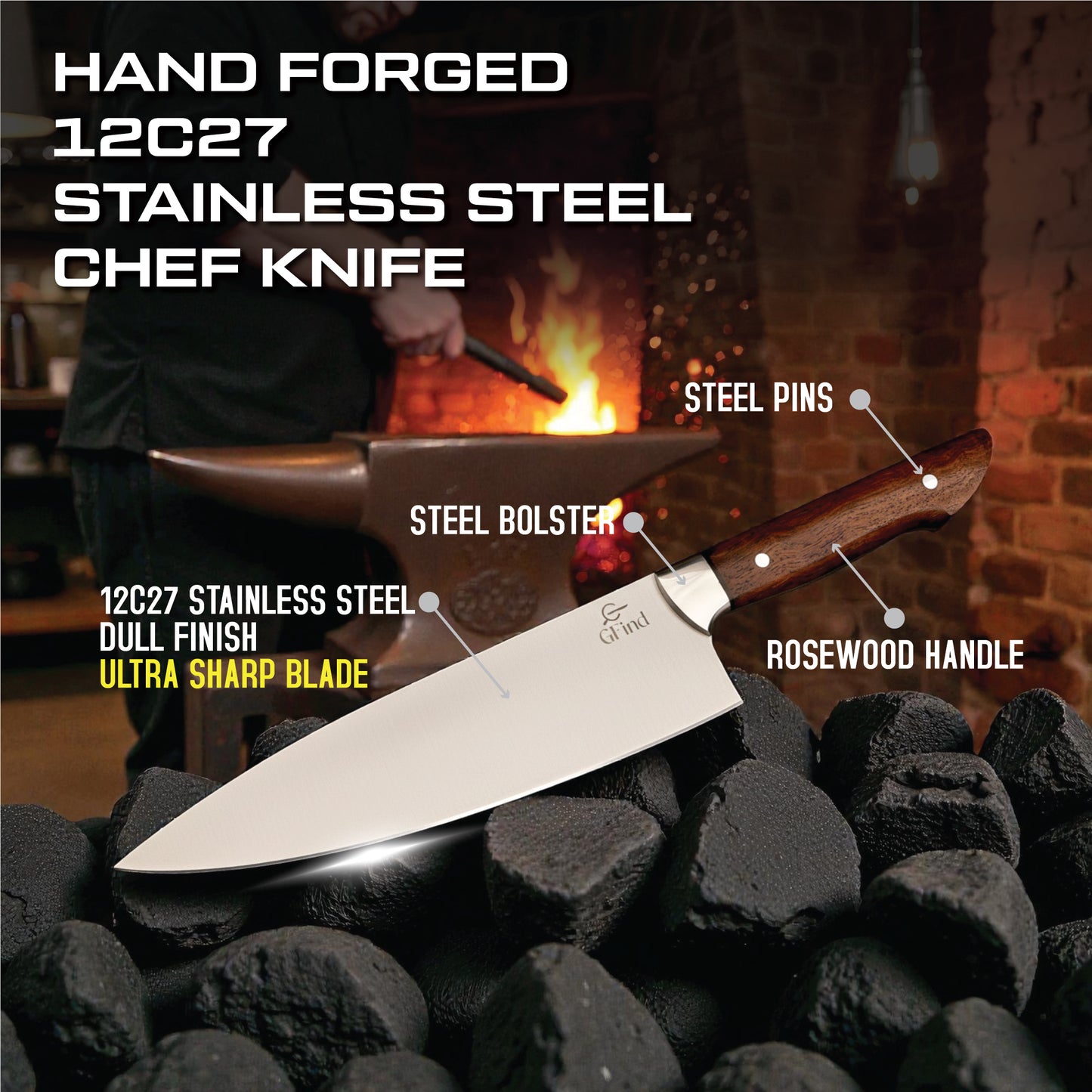GFind Professional Handmade 12C27 Stainless Steel Blade Chef Knife | Rosewood Handle