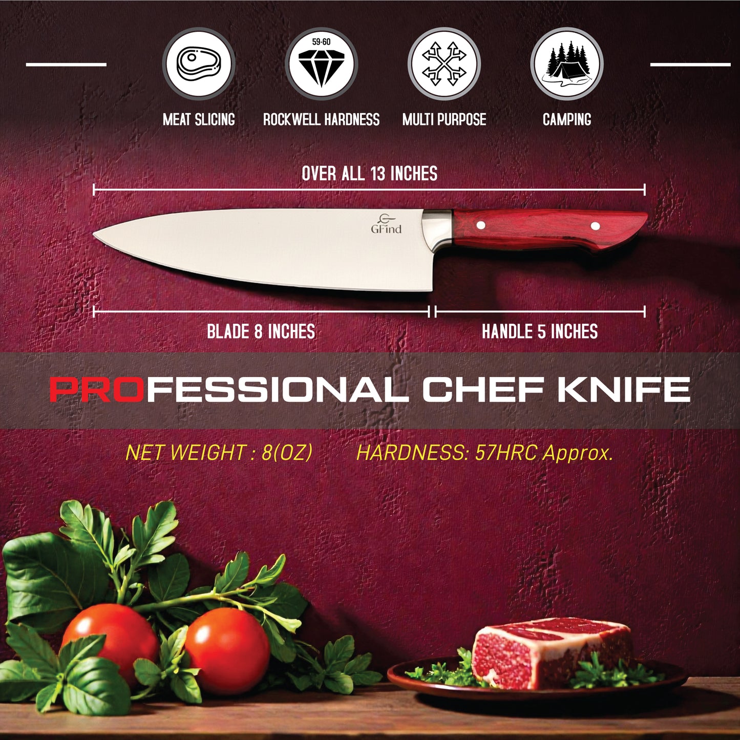 GFind Premium 12C27 Stainless Steel Blade Chef Knife | Ultra Sharp Blade with Pakkawood Handle