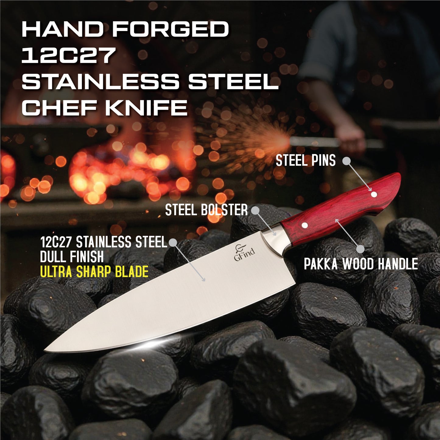 GFind Premium 12C27 Stainless Steel Blade Chef Knife | Ultra Sharp Blade with Pakkawood Handle