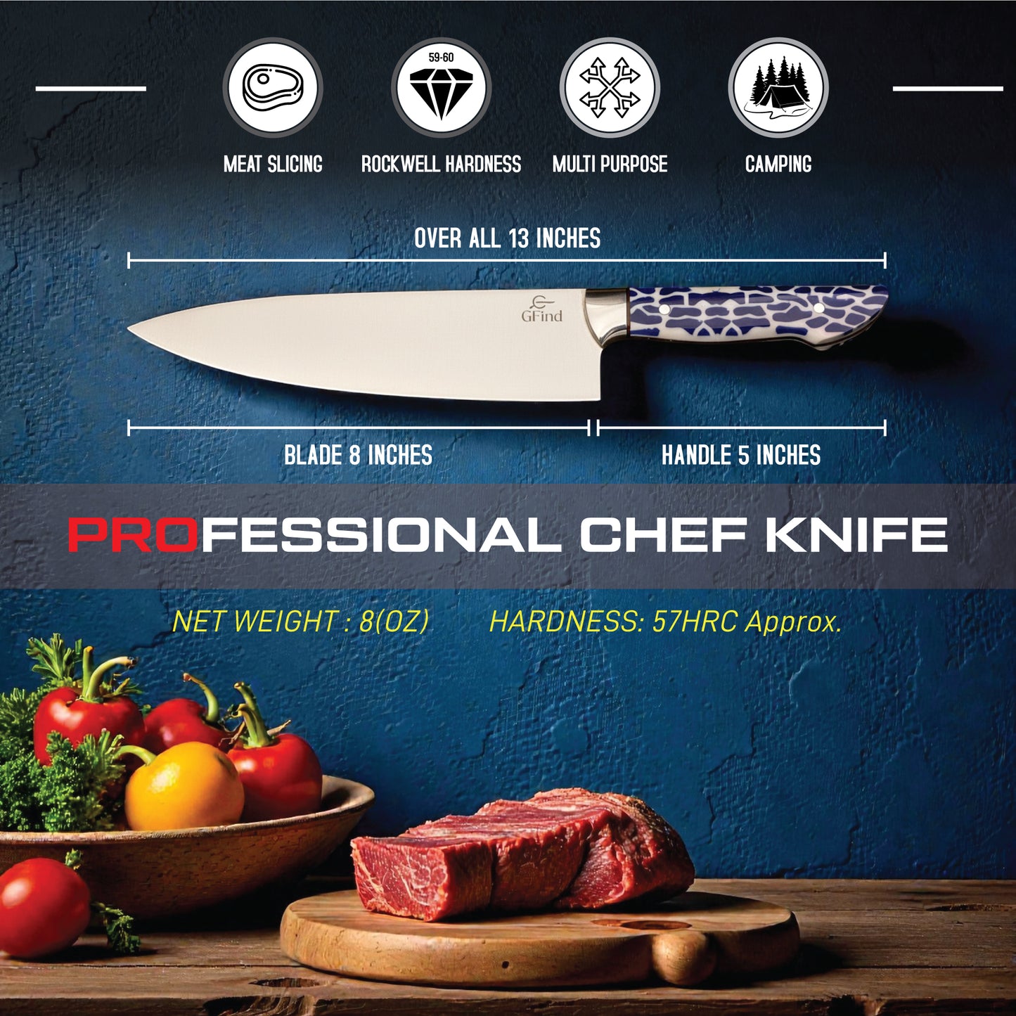 GFind Handmade 12C27 Stainless Steel Blade Chef Knife | Sharp Edge with Resin Handle