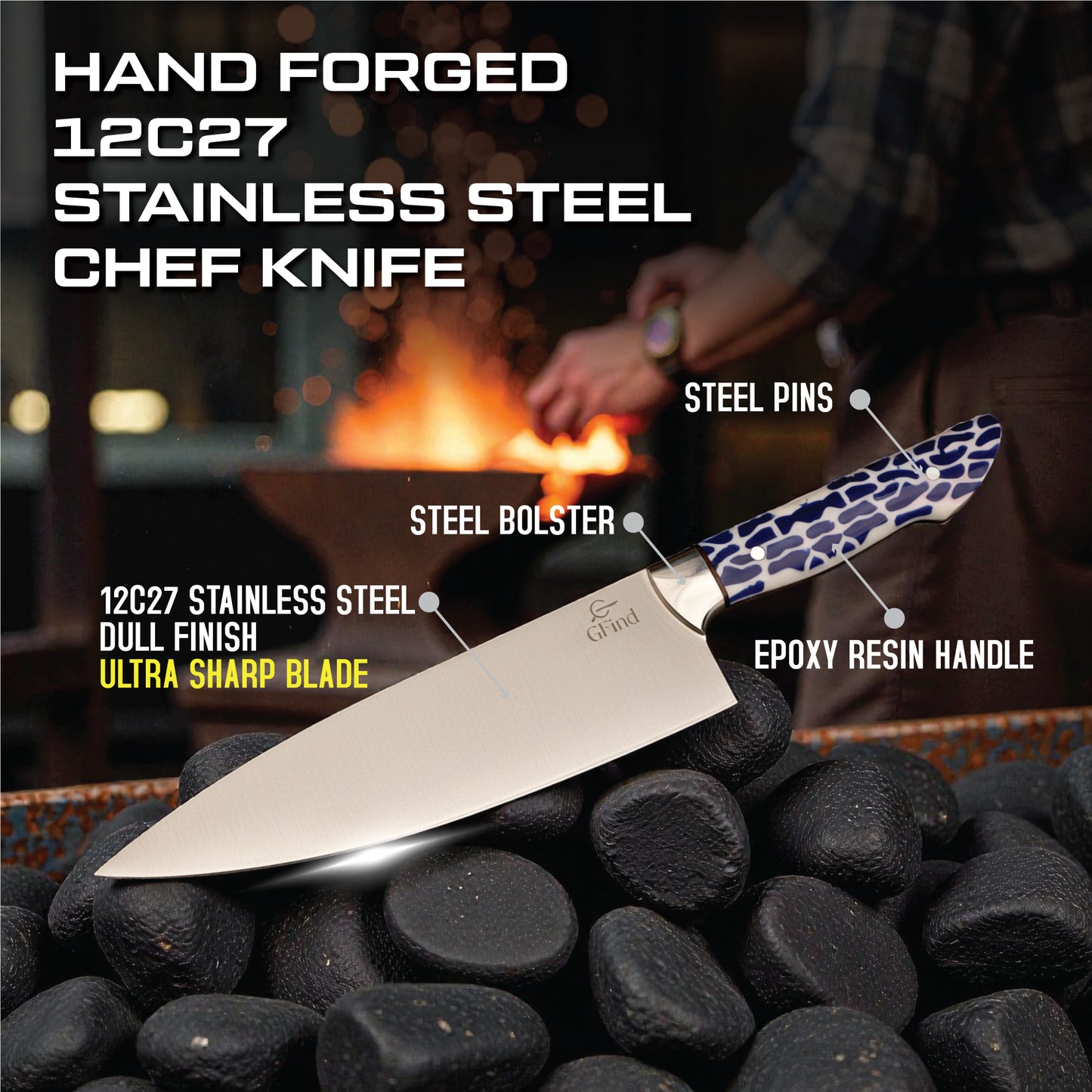 GFind Handmade 12C27 Stainless Steel Blade Chef Knife | Sharp Edge with Resin Handle
