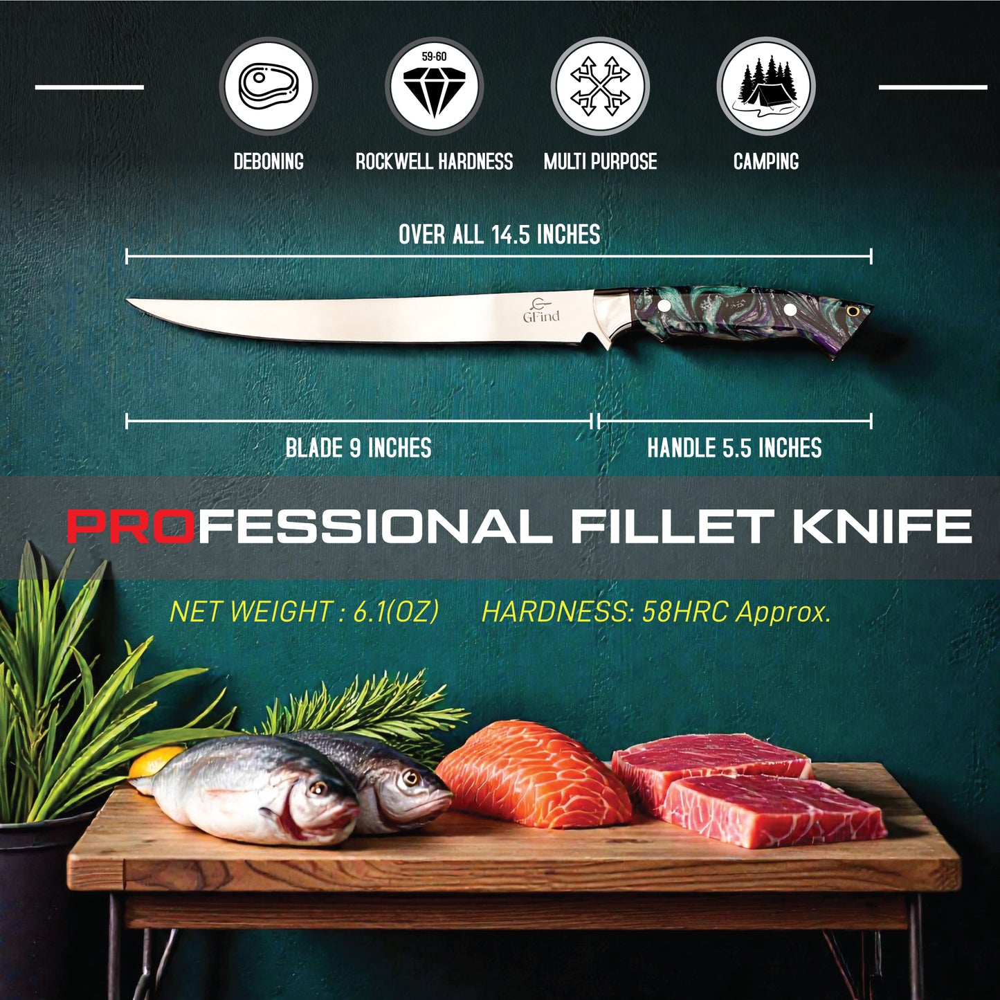 GFind's Professional Fillet Knife | Hand Forged 12C27 Stainless Steel Blade Knife, Resin Handle