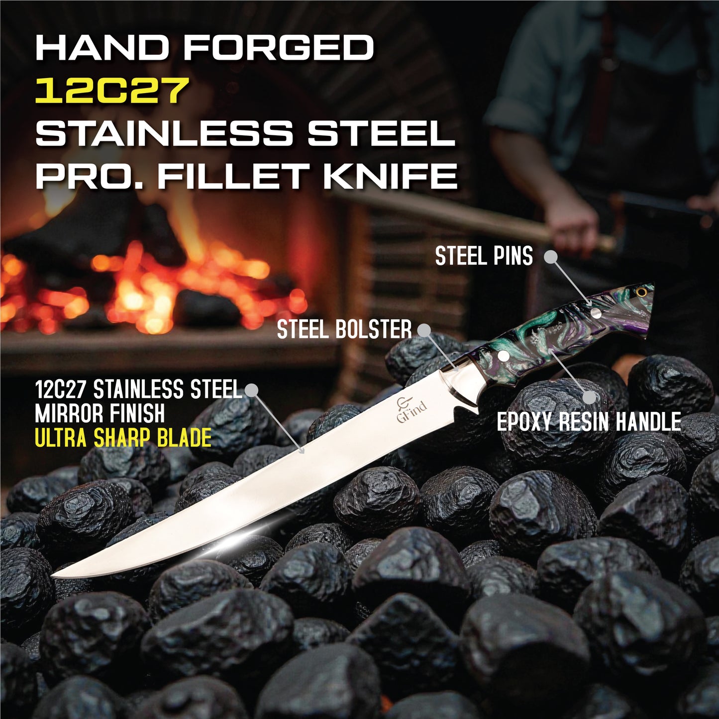 GFind's Professional Fillet Knife | Hand Forged 12C27 Stainless Steel Blade Knife, Resin Handle
