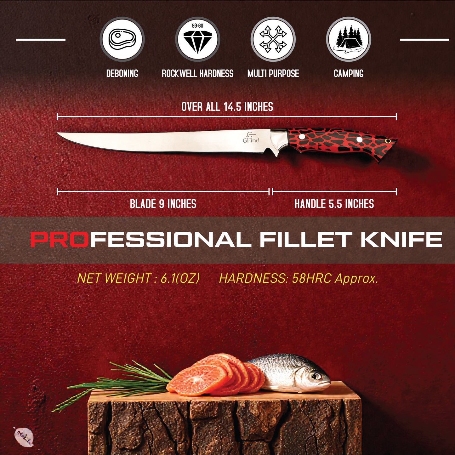 GFind's Professional Fillet Knife | Hand Forged 12C27 Stainless Steel Blade Knife, Resin Handle