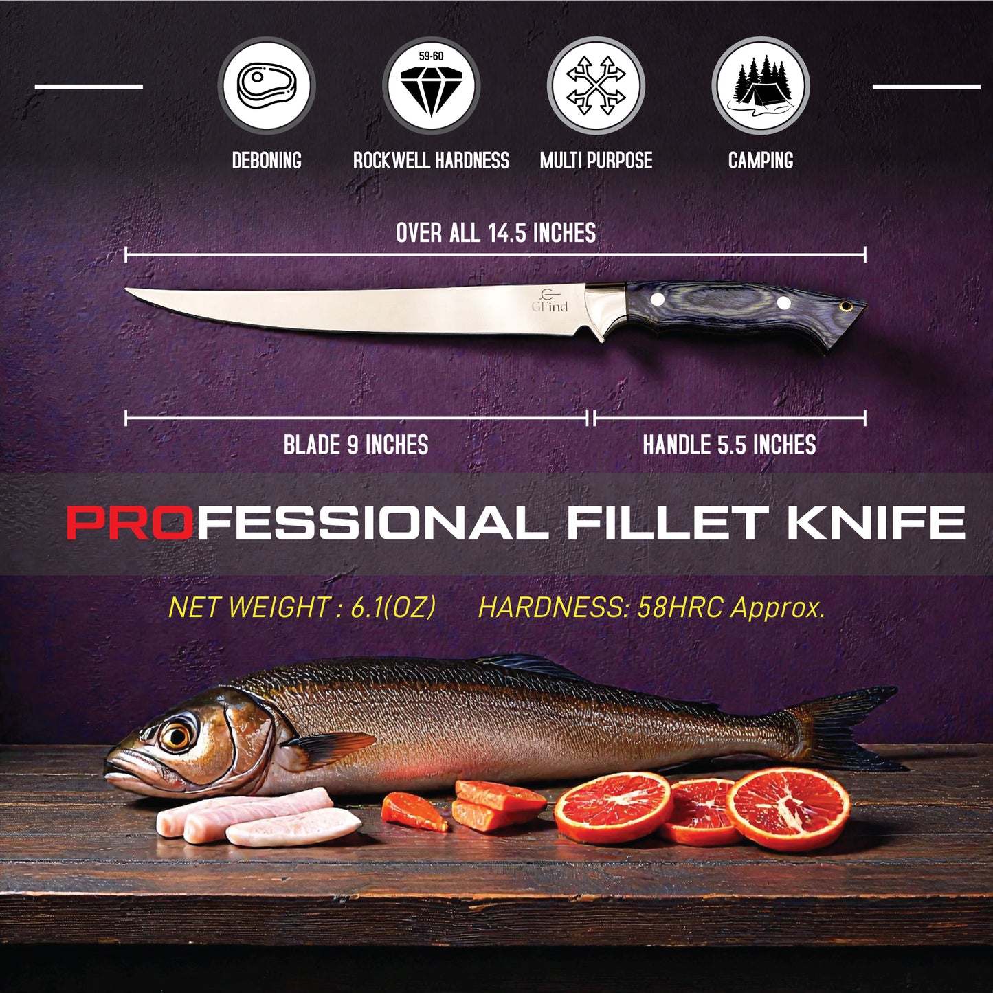 GFind Professional Fillet Knife | Hand Forged 12C27 Stainless Steel Blade Knife | Pakka Wood Handle