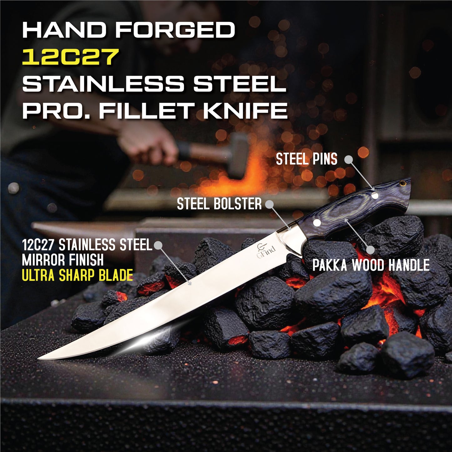 GFind Professional Fillet Knife | Hand Forged 12C27 Stainless Steel Blade Knife | Pakka Wood Handle