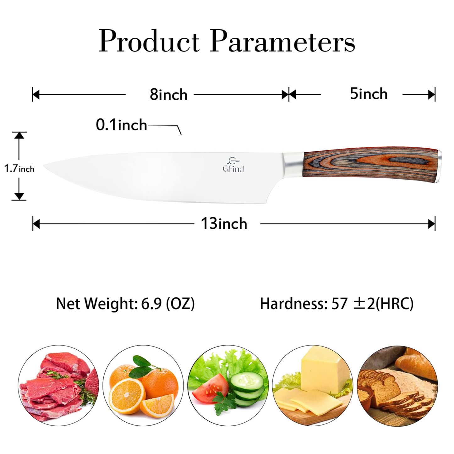 GFind Professional 8" Stainless Steel Blade Chef Knife, Pakka Wood Handle