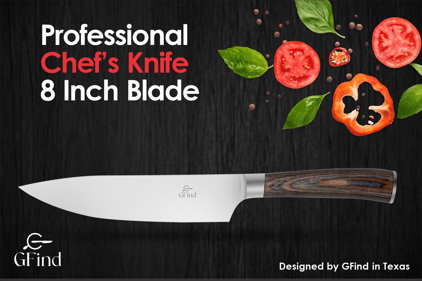 GFind Professional 8" Stainless Steel Blade Chef Knife, Pakka Wood Handle
