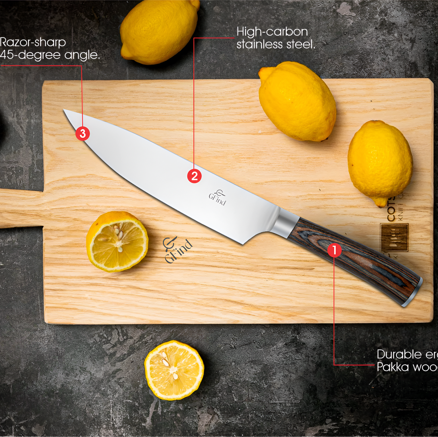 GFind Professional 8" Stainless Steel Blade Chef Knife, Pakka Wood Handle