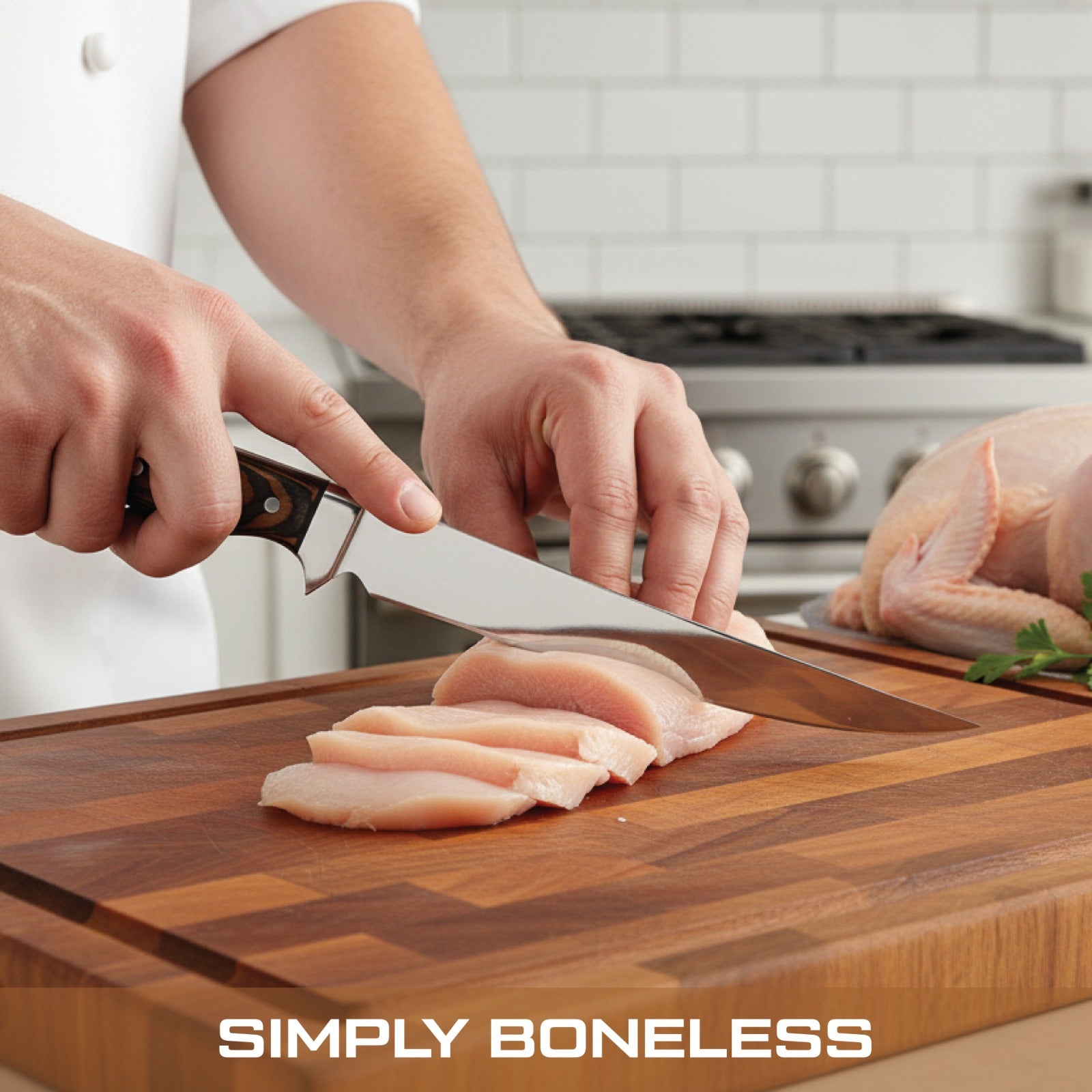 Person cutting chicken breast on a wooden cutting board with 'Simply Boneless' branding.