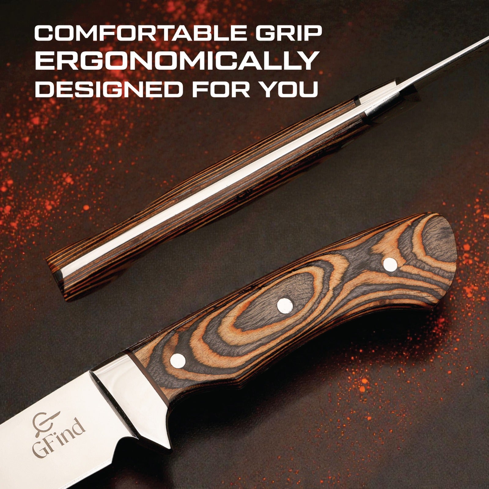 Knife with wooden handle and metal blade on a dark background with text about comfort and ergonomics.