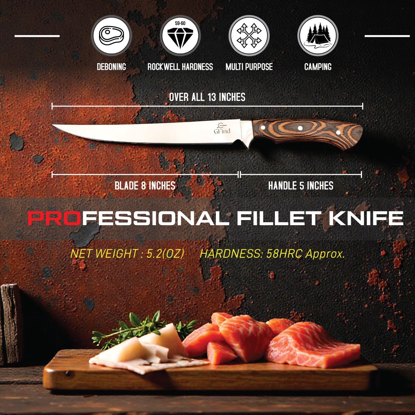 GFind Pro Fillet Knife Hand-Forged 12C27 Stainless Steel Blade | With Pakkawood handle