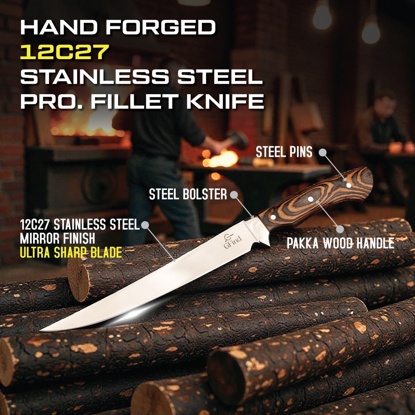 Hand forged stainless steel fillet knife with detailed features on a wooden background