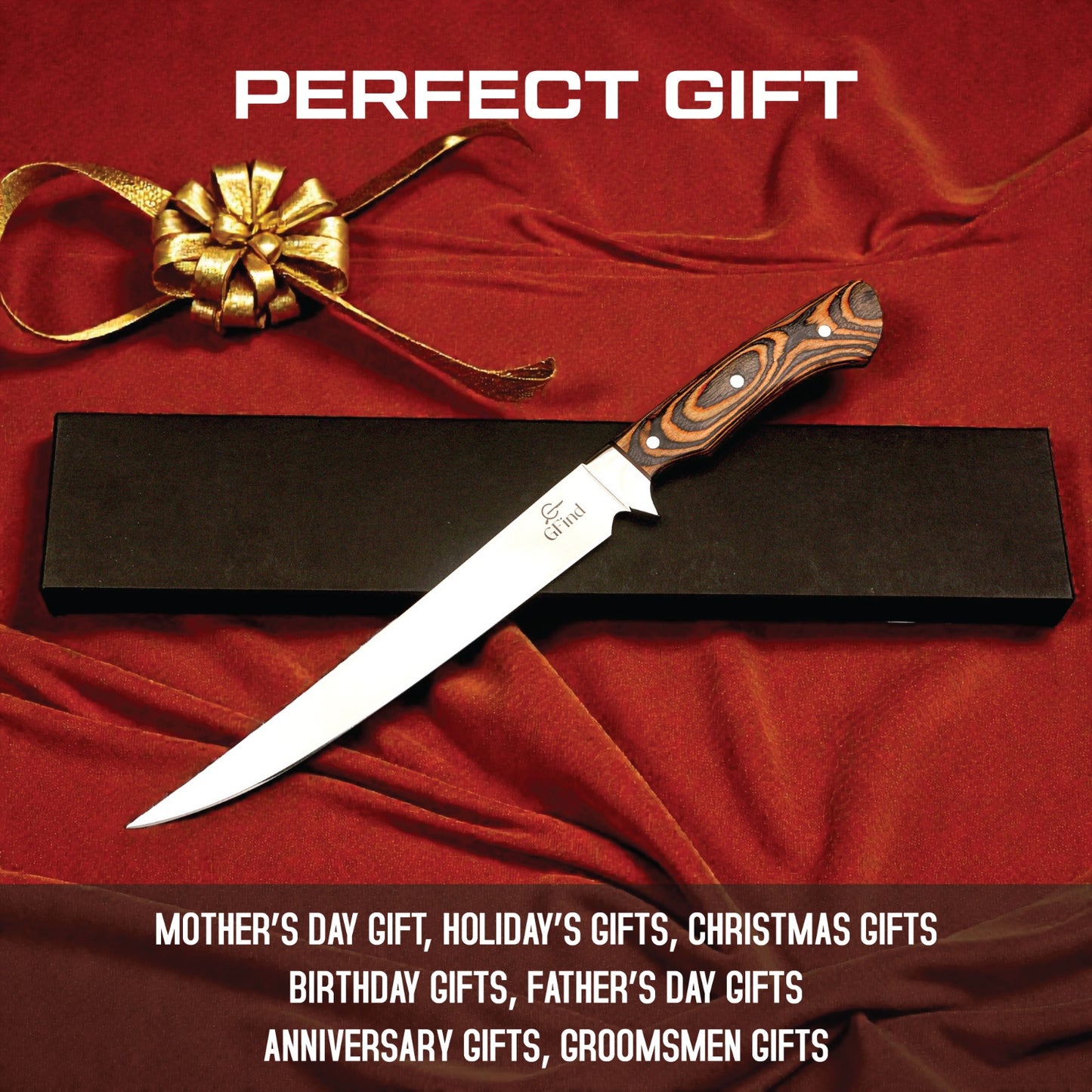 Decorative knife with wooden handle on a red fabric background, labeled as a 'Perfect Gift'.
