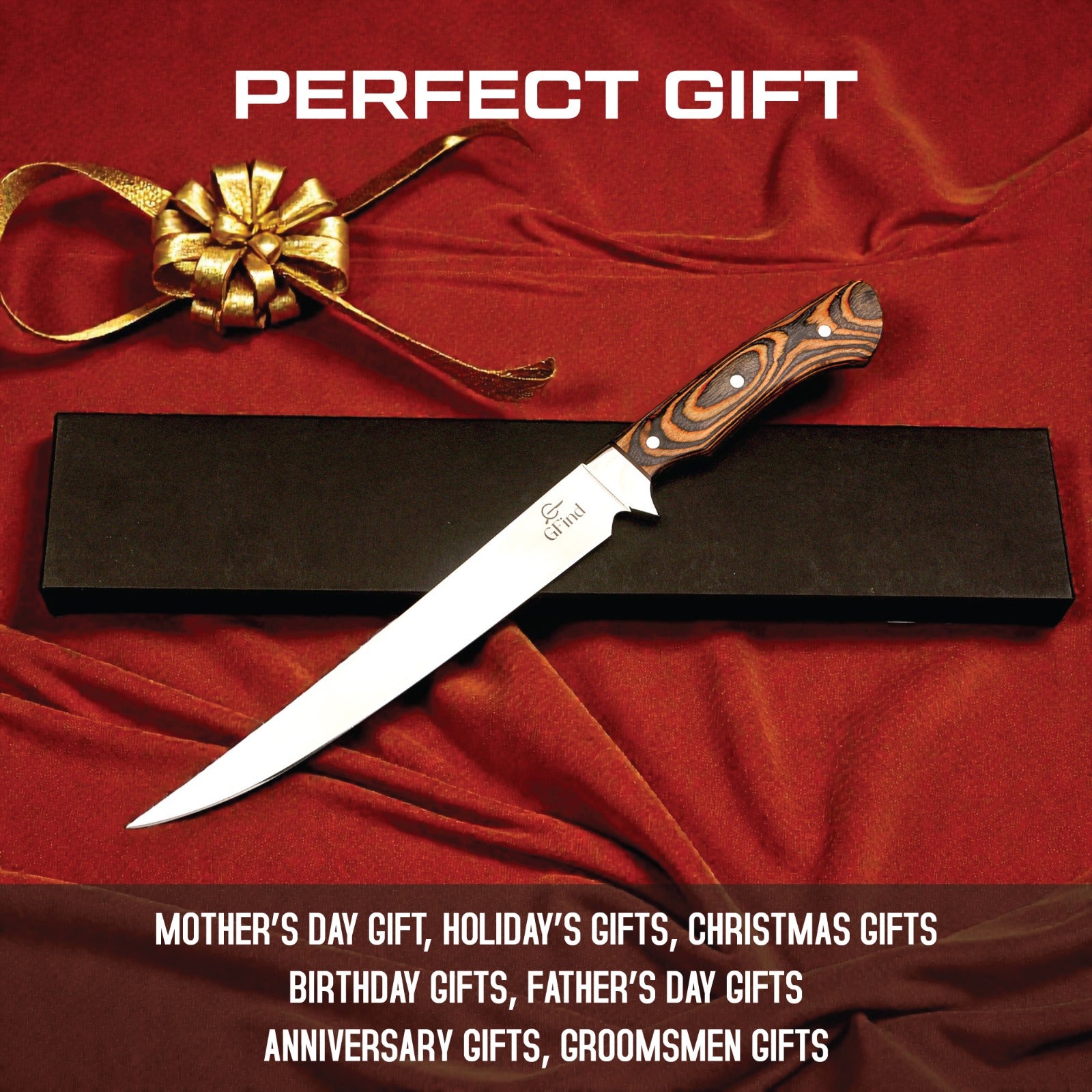 Decorative knife with wooden handle on a red fabric background, labeled as a 'Perfect Gift'.