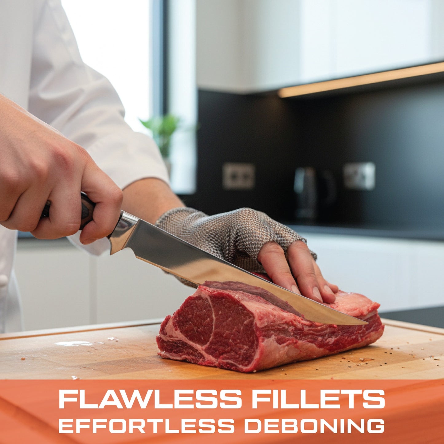 Person cutting a steak with a knife on a wooden cutting board in a kitchen.