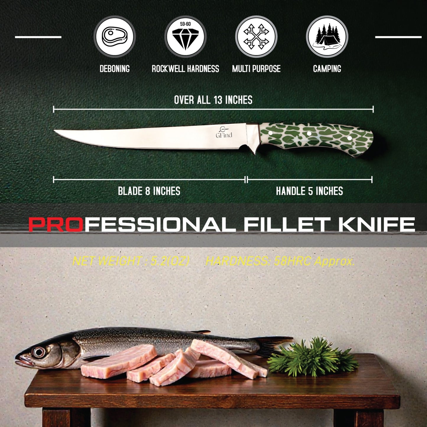 Professional fillet knife with green handle on a dark background, accompanied by text detailing its features.