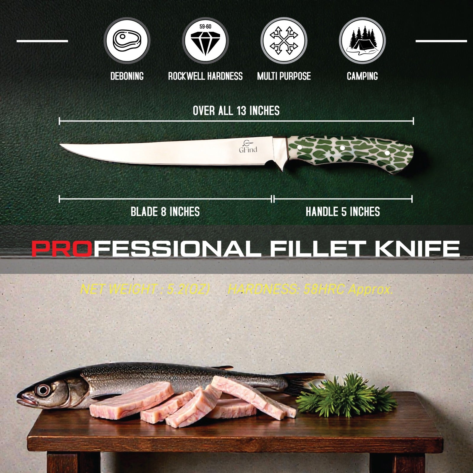 Professional fillet knife with green handle on a dark background, accompanied by text detailing its features.