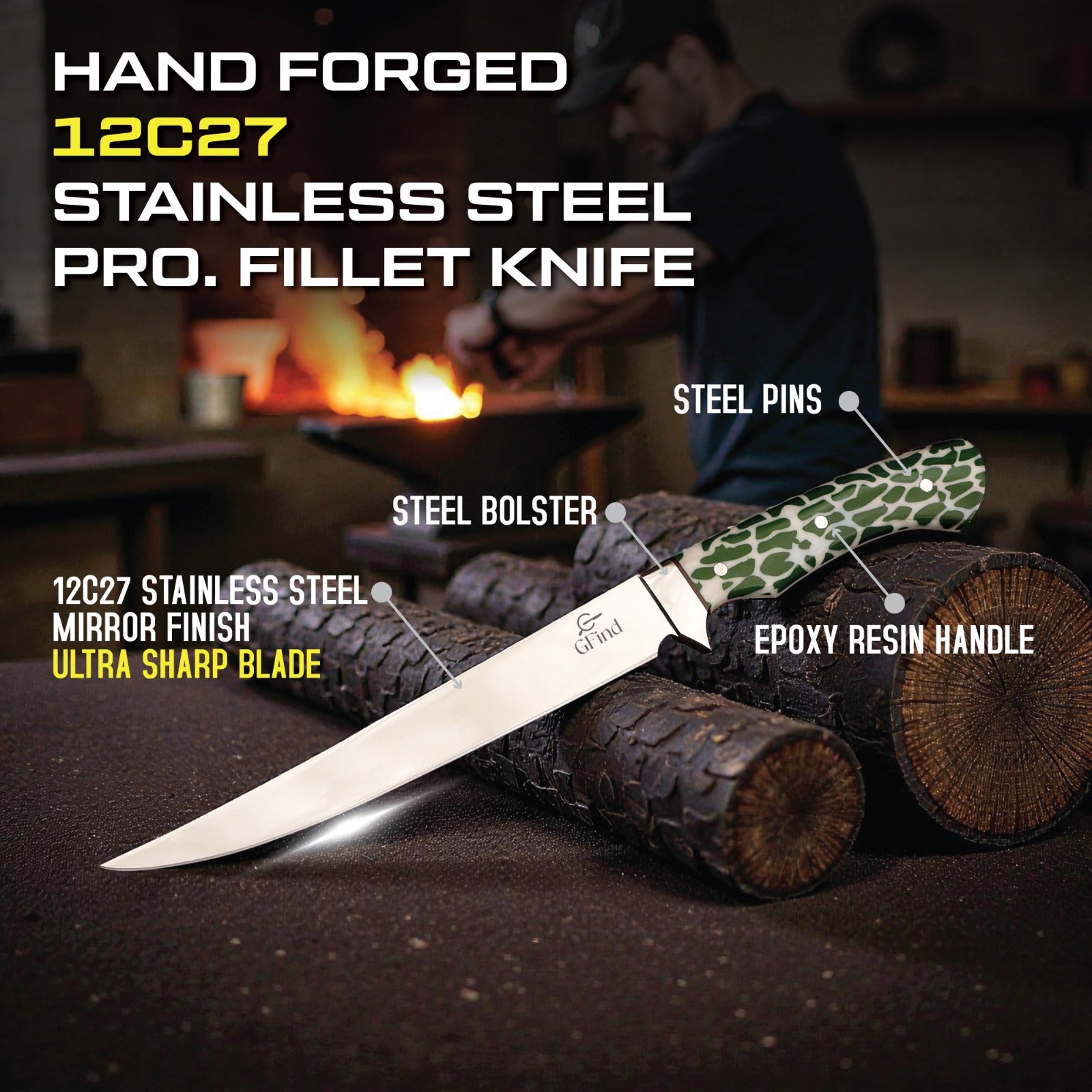 Hand forged stainless steel fillet knife with features highlighted on a dark background.