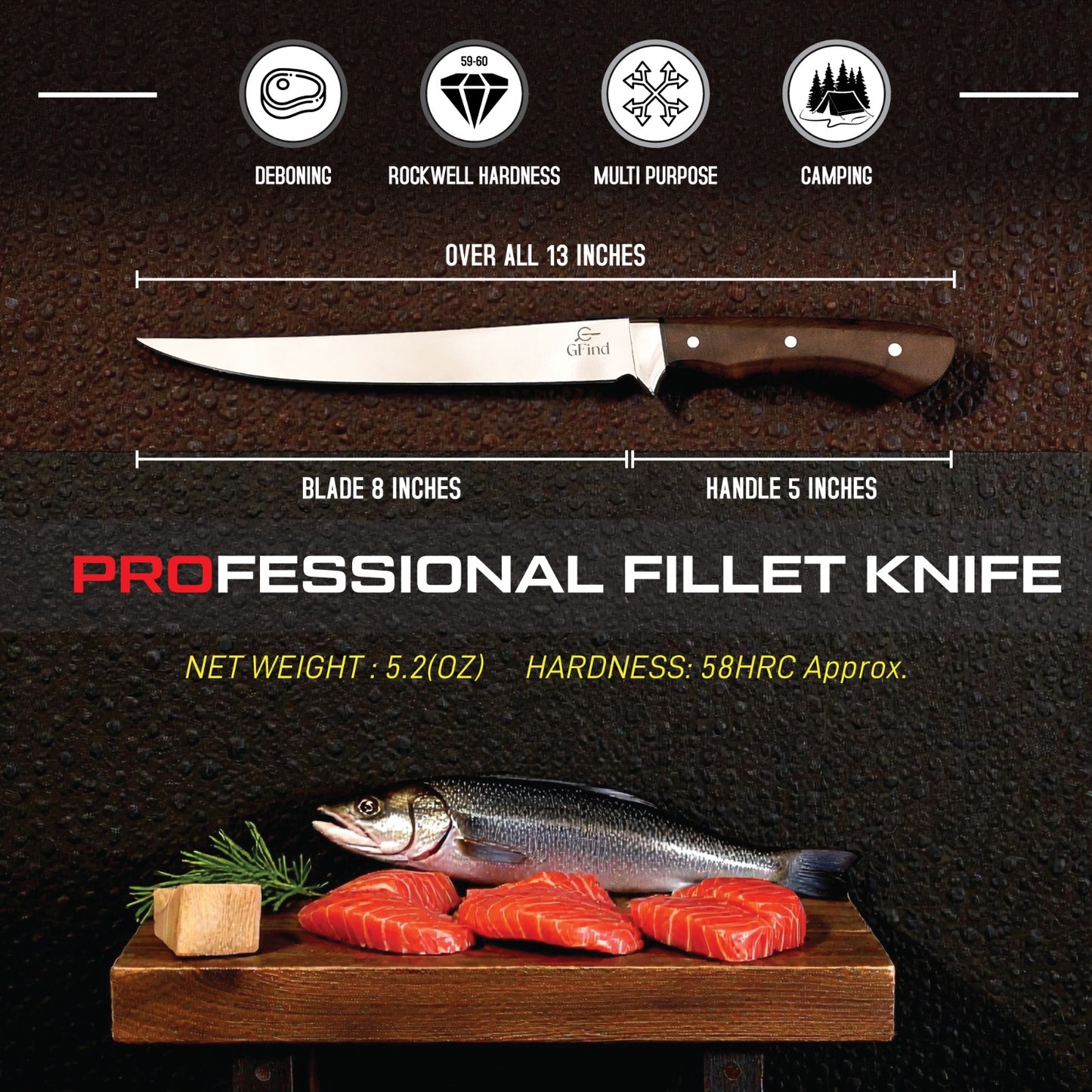GFind Pro Fillet Knife Hand-Forged 12C27 Stainless Steel Blade | With Rosewood Handle