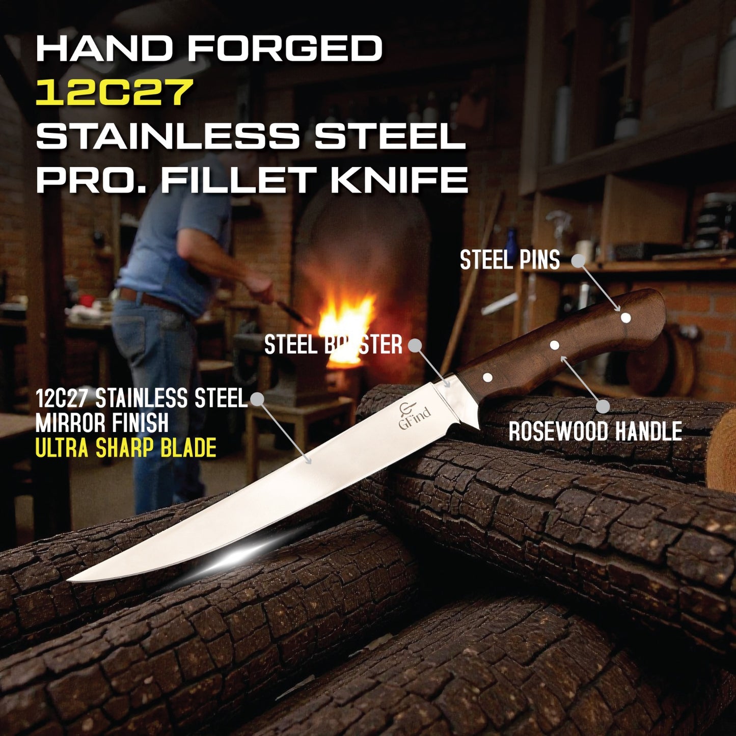 GFind Pro Fillet Knife Hand-Forged 12C27 Stainless Steel Blade | With Rosewood Handle