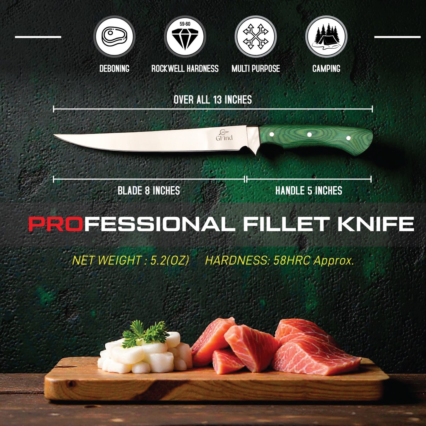 Professional fish and meat fillet knife – pakkawood handle