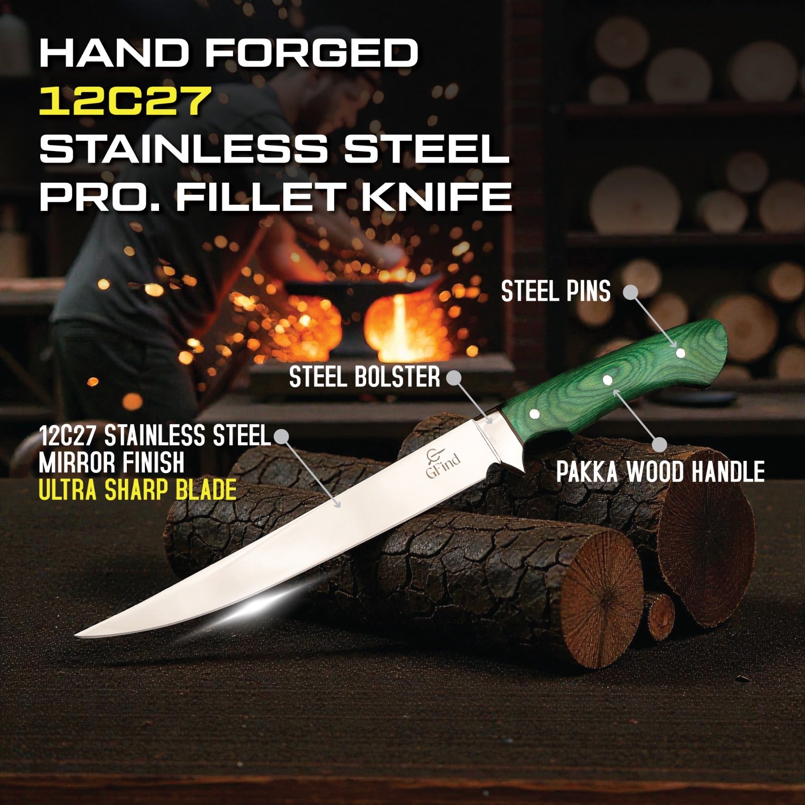 Professional fish and meat fillet knife – pakkawood handle