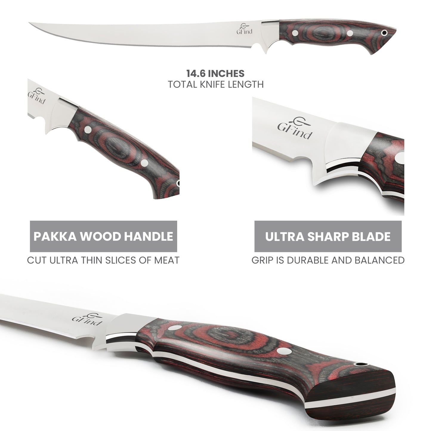 GFind Fillet & Boning 9" Stainless Steel Blade, Pakka Wood Handle