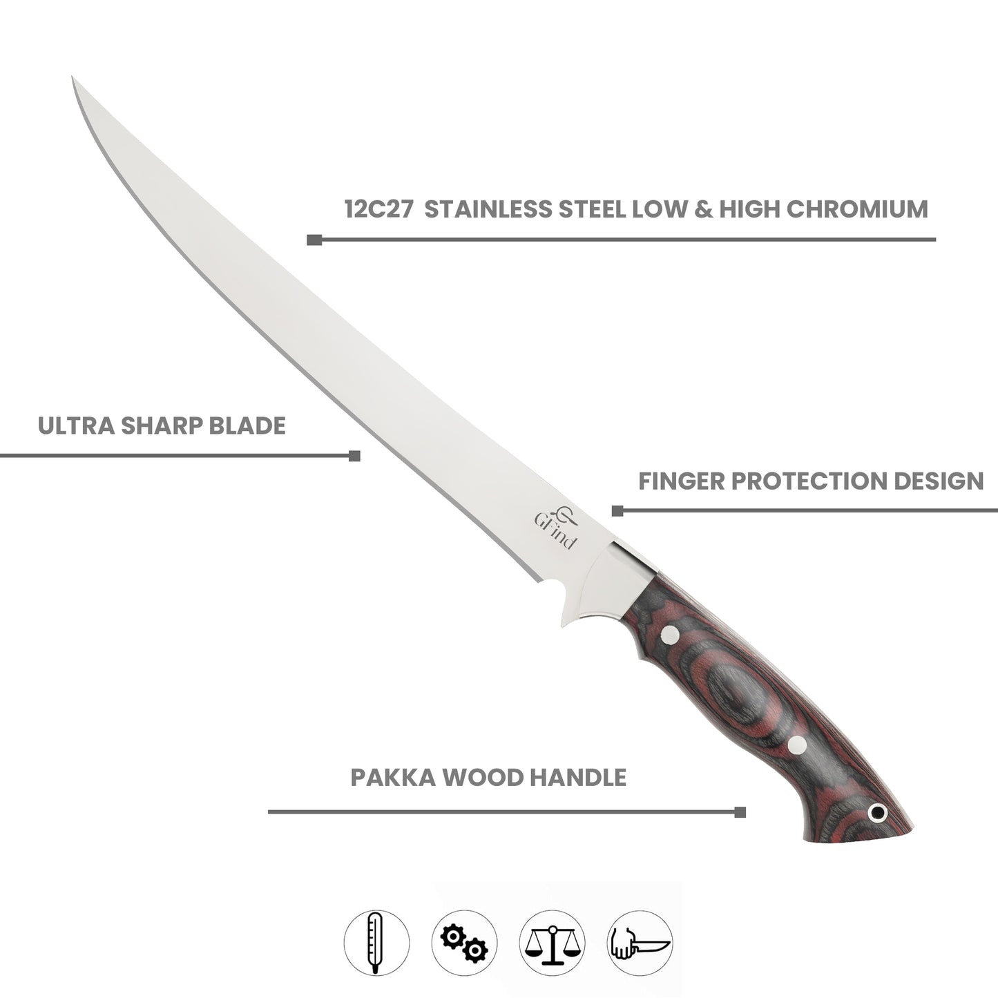 GFind Fillet & Boning 9" Stainless Steel Blade, Pakka Wood Handle