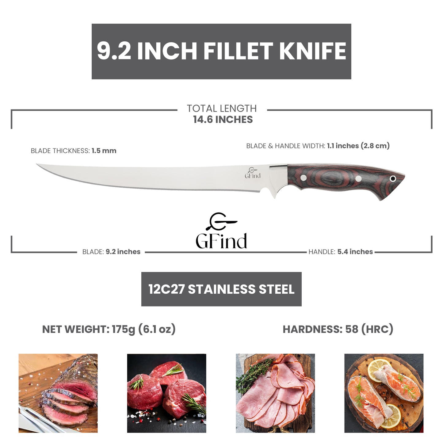 GFind Fillet & Boning 9" Stainless Steel Blade, Pakka Wood Handle