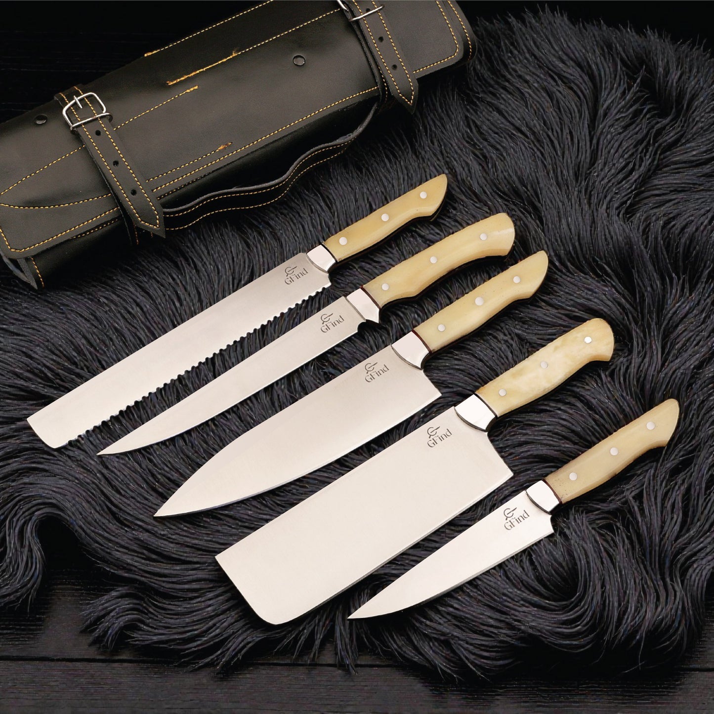 GFind Pro chef knife set – hand-forged 12C27 stainless steel blades with Camel Bone handles