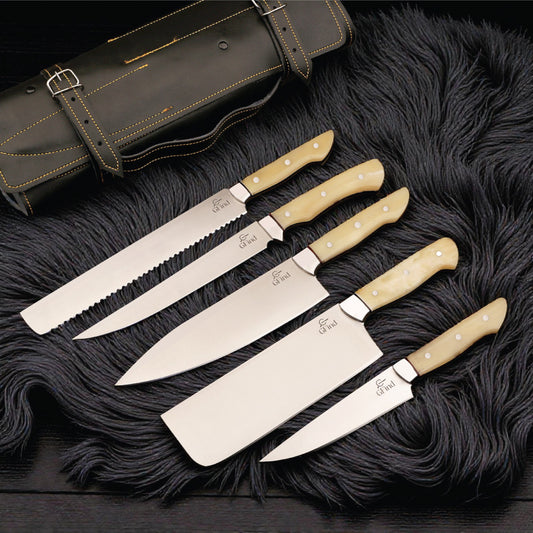 GFind Pro chef knife set – hand-forged 12C27 stainless steel blades with Camel Bone handles