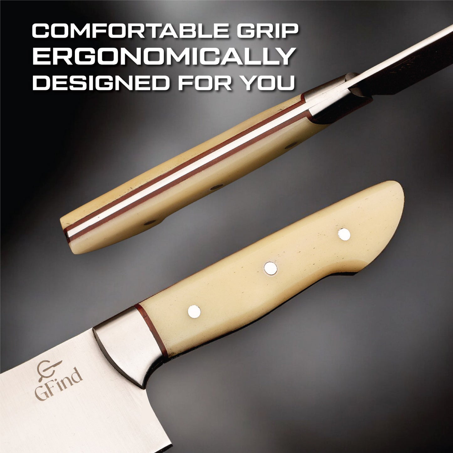 GFind Pro chef knife set – hand-forged 12C27 stainless steel blades with Camel Bone handles
