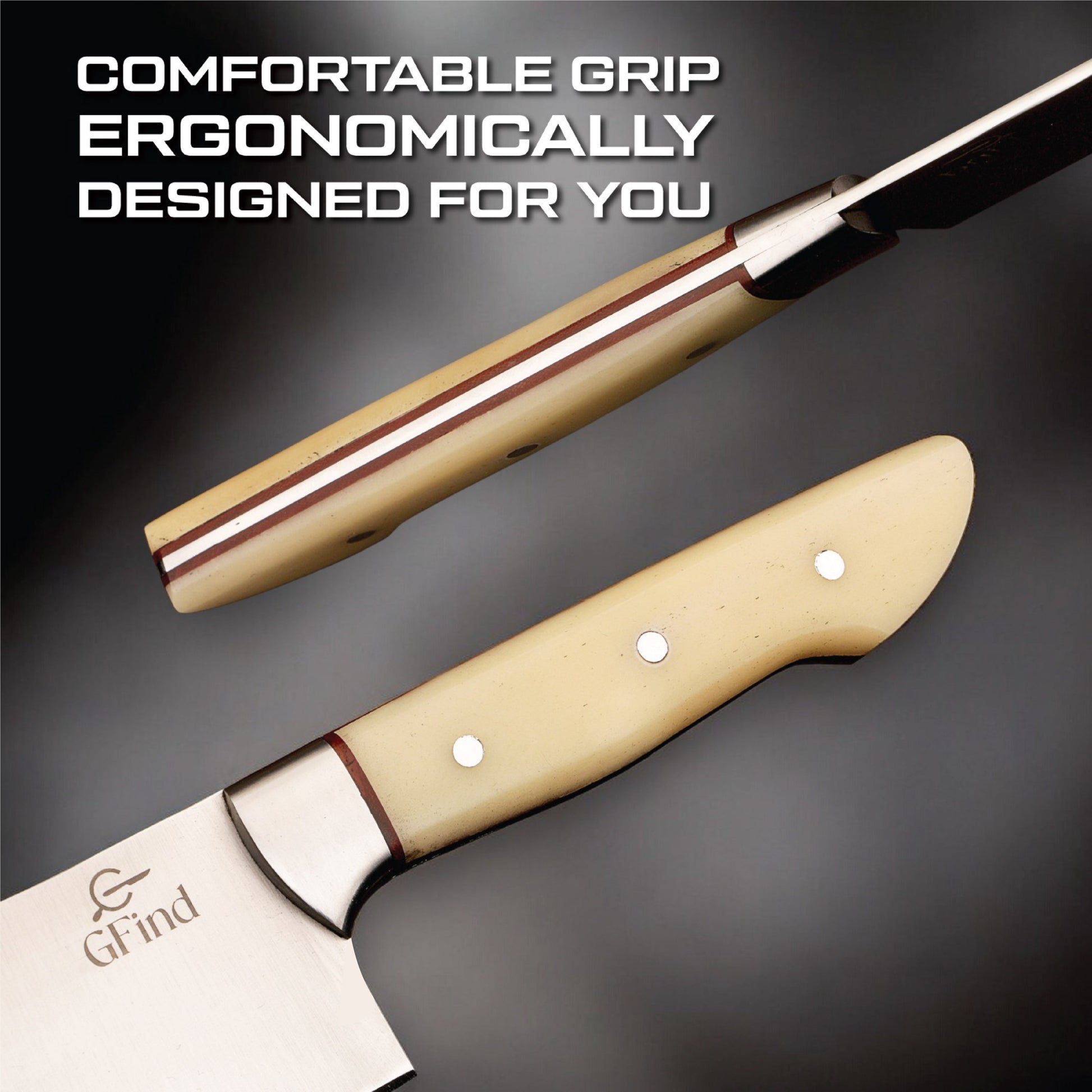 GFind Pro chef knife set – hand-forged 12C27 stainless steel blades with Camel Bone handles